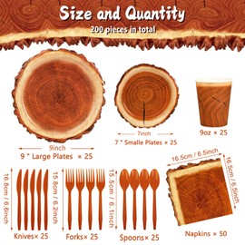 FULJOOY 200 Pieces Camping Wood Grain Slice Party Supplies Set Paper Plate Cup Napkin for Camping Woodland Baby Shower Lumberjack Birthday Featuring a Round Wooden Slice Die Cut Edge Design Serve 25