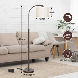 Boncoo Dimmable Floor Lamp, Arc Standing Lamp with Stepless Dimmer, Brown Floor Lamp with Adjustable Linen Beige Shade for Living Room Bedroom Study Room Office, 9W 3000K LED Bulb Included