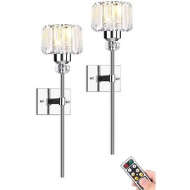 Modern Wall Sconces Lighting Battery Operated Set of 2,No Wiring Rechargeable Wall Lights Fixture with Wireless Remote,Clear Glass Long Wall Lamp Silver for Bedroom Bathroom Living Room Vanity Light