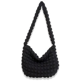 Petit-Germe Popcorn Bag, Shoulder Bag, Zipper Included, Waffle Bag, Handbag, Lightweight, Popcorn Bag, Cute Korea, Shoulder Strap Black