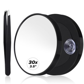 ElevateTech 30X Magnifying Mirror with Suction Cups 3.5 Inch Magnified Makeup Mirror Round Shower Mirrors Stainless Steel Tweezer for Makeup Eyebrows Beards Travel (Black)