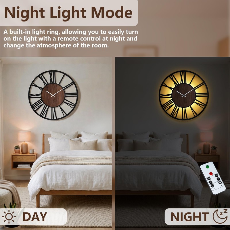 Jassurance Large Lighted Wood Wall Clock Remote Control, Roman Numeral