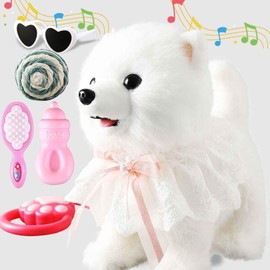 Walking Barking Singing Samoyed Puppy Toy, Repeats What You Say, Realistic Licking Tongue Wagging Tail Mechanical Dog with Touch or Voice Control, Interactive Music Dancing Plush Pet for Kids