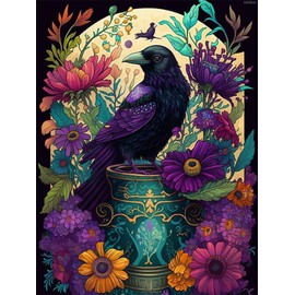 KAYEIUU Raven Bird Diamond Painting, Colorful Flower Animals DIY Diamond Art Kit for Beginners Colorful Diamond Painting Art for Home Wall Decor 12x16 inch