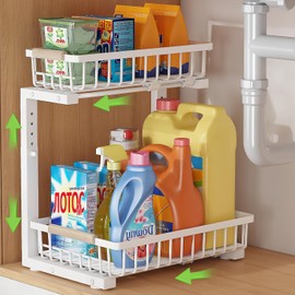 ENRUNEST 2 Tier Slide-Out Under Sink Organizer and Storage,Under Bathroom Sink Organizer with 5 Level Height Adjustable,Large Capacity,Multi-Purpose Storage for Kitchen,Bathroom,Pantry (White)