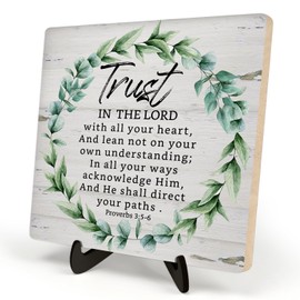 Bible Verse Sign,Christian Sign, Table Art Signs, Rustic Wooden Sign Desk Decor for Office, Positive Home Decor Motivational Scripture Gift 5.9x5.9inch (PROVERBS 3:5-6)
