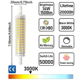 Geminilite R7s LED Bulb Dimmable 118mm 14W Double Ended J118 T3 LED Bulb Floodlight,120V, 1500 Lumen,Warm White 3000K,R7s LED Lampe Replacement for 140W R7S Halogenlampe, Pack of 2