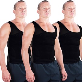 Esteem Apparel 3-Pack Original Men's Compression Shirt to Hide Gynecomastia Abs Chest Stomach Slimming Shapewear (Black, Large)