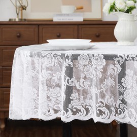 LinenZone White Round Tablecloth for Rustic Vintage Decor. Sheer Lace Works Great As Wedding, Thanksgiving or Christmas Tablecloth (Mia 90 Round, White)