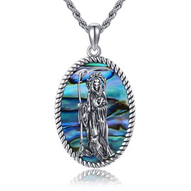 VENACOLY Santa Muerte Necklace Sterling Silver Abalone Shell Pendant Grim Reaper Mother's Day Jewellery for Women Mum