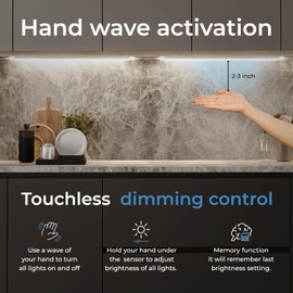 EShine Hand Wave Activated Under Cabinet LED Lighting Kit, Dimmable, 6-Pack 7 in - Touchless Dimming Control, Black Under Counter Lights for Kitchen, Garage, Office, Shelf - Warm White (3000K)