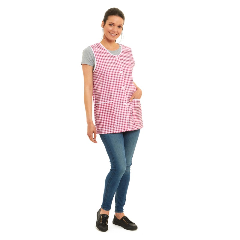 Ladies Gingham Buttons Through Design Piping Tabard Apron Overalls Front
