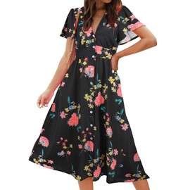 ROYLAMP Women's Floral Button Up Split Deep V Neck Short Sleeve Casual Flowy Midi Dress with Pockets Black Floral L