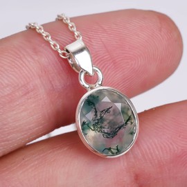 Real Moss Agate Oval Bezel Gemstone Dainty Pendant Necklace, Healing Chakra Stone, Birthstone, Natural Crystal, Women Jewelry, 925 Sterling Silver Chain 18 inch