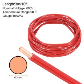 sourcing map 10 Feet Electrical Wire Insulated Solid Copper 10 AWG Hook Up Wire Cable THHN Wire Residential, Industrial, Grounding, Electrical Rated for 600 Volts, UL listed, Red