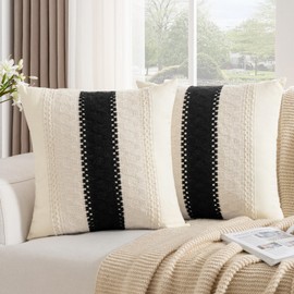 DakTou Boho Cushion Covers, 40 x 40 cm, Cotton Cushion Cover, Modern, Farmhouse, Woven Textured Sofa Cushion, Couch Cushion, Decorative Cushion Cover for Sofa, Bedroom, Living Room, Black, Set of 2