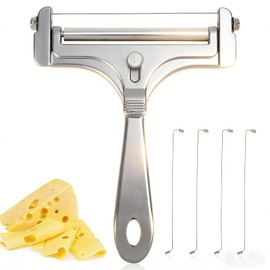 BoAn Wire Cheese Slicer with 4 Replacement Wires, Adjustable Thickness Stainless Steel Cheese Cutter, Handheld Cheese Slicer for Block Cheese, Cheddar, Mozzarella, Gruyere, Charcuterie Boards (Silver)