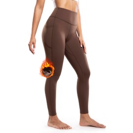 ENERBLOOM Women's Fleece Lined Leggings with Pockets Thermal Warm Winter High Waisted 28'' Yoga Pants Tights Full Length Coffee Small
