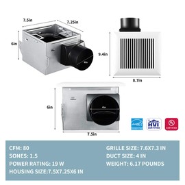 Tech Drive Very Quiet 80 CFM, 1.5 Sone No Attic access Needed Installation Bathroom Ventilation and Exhaust Fan with Humidity sensor