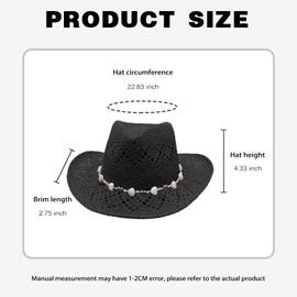 Straw Cowboy Hats for Women Sparkly Western Cowgirl Hat for Holiday Party Foldable Vacation Beach Sun Hat with Wide Brim,Black