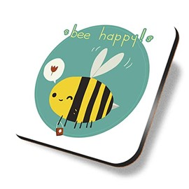 1 x Square Coaster - Bee Happy Cute Funny Fun Bug Animal Cork Backed MDF Glossy Tea Coffee Accessory #58774