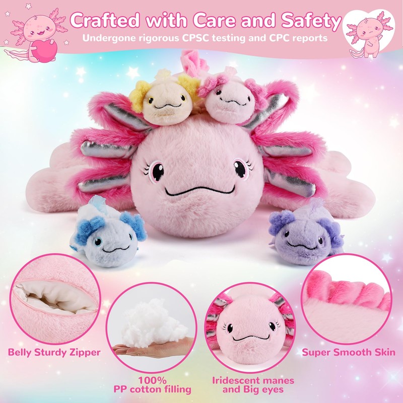 gnomantic 5 Pieces Axolotl Stuffed Animals with Babies Inside Belly