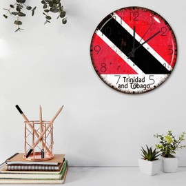 Autravelco 15 Inch Silent Non-Ticking Wall Clocks Battery Operated Trinidad and Tobago Wooden Wall Decor for Patio World State Map Flag Beautiful Round Wooden Wall Clock Country for Art Room Workshop