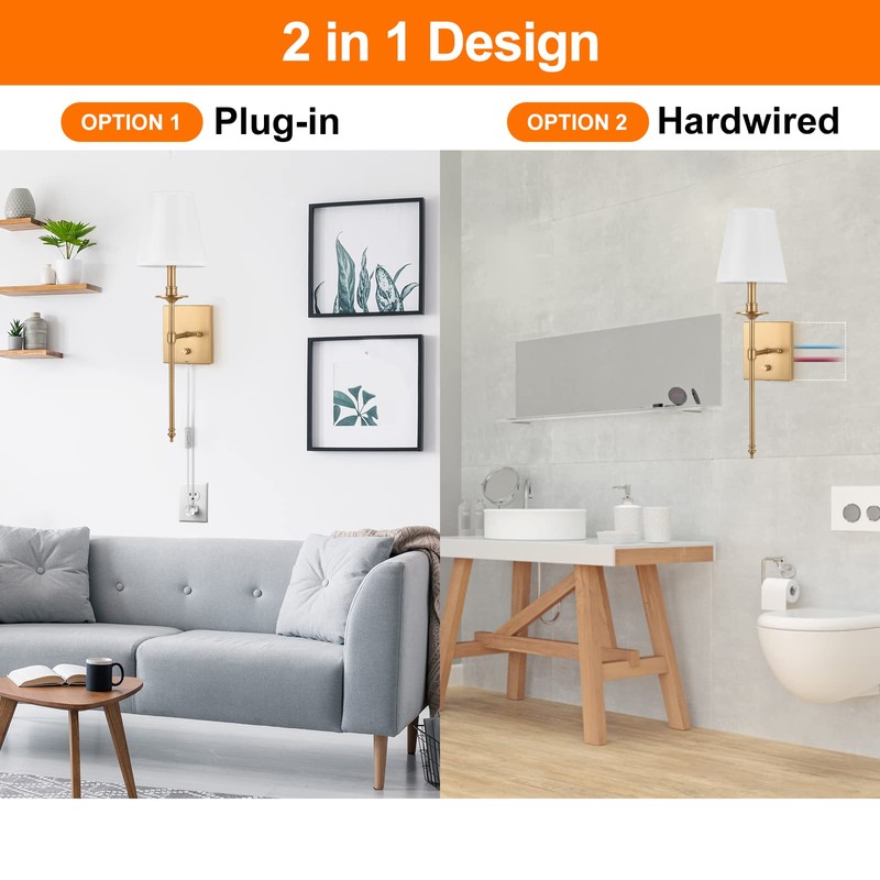 Dimmable Wall Sconces Set of Two, Plug in Wall Sconces