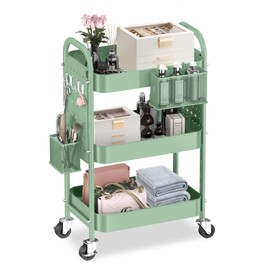 ALVOROG 3 Tier Rolling Cart with DIY Pegboards Metal Utility Cart with Wheels Handles Baskets Hooks, Storage Cart for Office Kitchen Bathroom(Green)