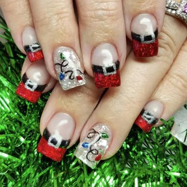 Christmas Press on Nails Medium Square SWEKKE French Tip Fake Nails Winter False Nails with Light Designs Glitter Full Cover Glossy Glue on Nails Xmas Acrylic Nails for Women Girls 24 Pcs