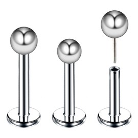 SQKXKLCZ 3pcs G23 Titanium 16G 6mm 8mm 10mm Press Fit Threadless Push Pop 2mm BallTop Flat Back Piercing Lip Stud Earring Labret Monroe Lip Ring/Tragus/Cartilage Earring Stud