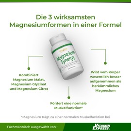 Magnesium Synergy Triple Power: Magnesium Citrate, Glycinate & Malate, 120 Capsules High Dose, Premium Complex Vegan, Laboratory Tested Vitality Nutritionals by Vitamin Express