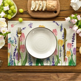 Artoid Mode Lavender Tulip Spring Set of 4 Placemats, Seasonal Kitchen Table Decoration Indoor Holiday Party Decor 30x45cm
