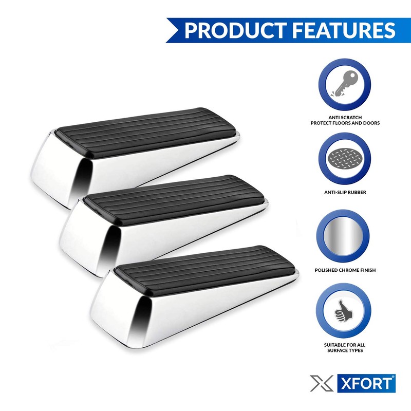 XFORT 3 Pack Door Wedge Polished Chrome, Door Jammer, Non-Slip