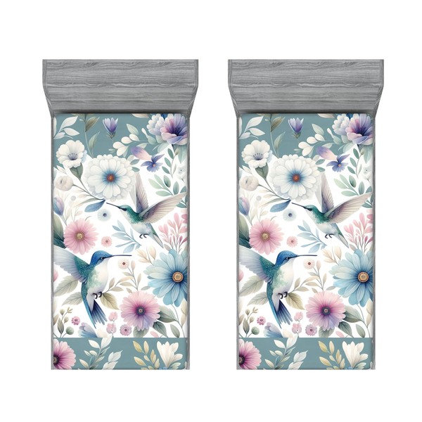 Ambesonne Birds and Nature 2 Pack Fitted Sheet, Peaceful Flowers,