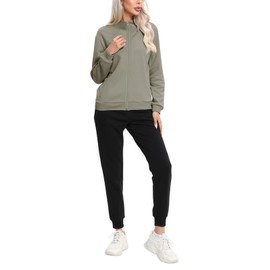 REORIA Women's Cotton Fleece Tracksuit Set with Zip Activewear Leisure Suit Workout Sports Outfit Set, Grey-green