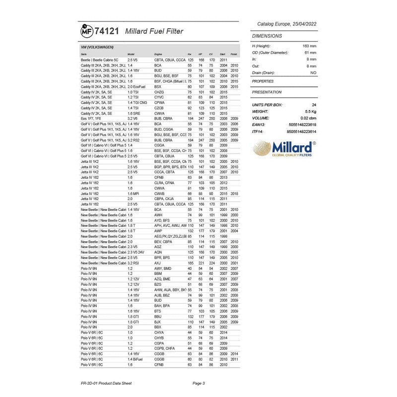Millard Filters Millard MF74121 Car Fuel Filter 163x61x8x8 (4 bar)