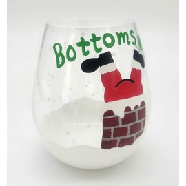 Bottoms Up! Santa Going Down the Chimney - Hand Painted Stemless Christmas Wine Glass
