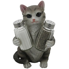 Gray Kitty Cat Glass Salt and Pepper Shakers with Holder Sculpture in Pet Figurines & Statues and Decorative Kitten Bar or Dining Room Table Decor Gifts for Pet Owners