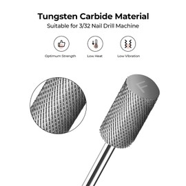 Lavinda Professional Flat Top Large Barrel Silver Carbide Bit, 3/32'' Electric Nail File Machine Head Tip for Manicure Pedicure Cuticle Gel Polishing, Beginners Bits, Fine-F