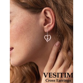 Vesitim Sterling Silver Cross Earring for Women Heart Dangle Drop Earrings Religious Rose Gold Plated Cubic Zirconia Jewelry Gift