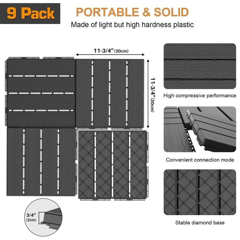 Goovilla Plastic Interlocking Deck Tiles, 9 Pack , 12"x12" Waterproof