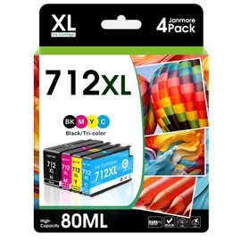JANMORE 712XL Ink Cartridges High Yield Compatible for HP Ink 712 hp 712XL Ink Work with DesignJet T230 T650 T630 T210 (80ml for Black/ 29ml for Color)