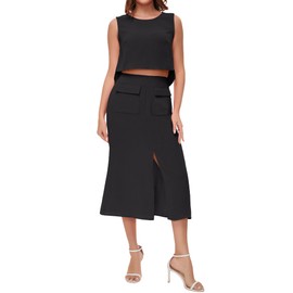ROYLAMP Women's 2 Piece Outfits Skirt Set Round Neck Crop Top and Split Long Skirt Elegant Casual Matching Set with Pockets Black S