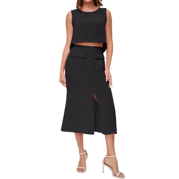 ROYLAMP Women's 2 Piece Outfits Skirt Set Round Neck Crop