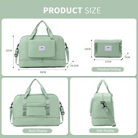 FIORETTO Womens Foldable Weekend Bag Overnight Hospital Bag with Shoes Compartment & Wet Pocket, Water Resistant Gym Bag Duffle Bag Travel Bag Holdall for Women Men Green