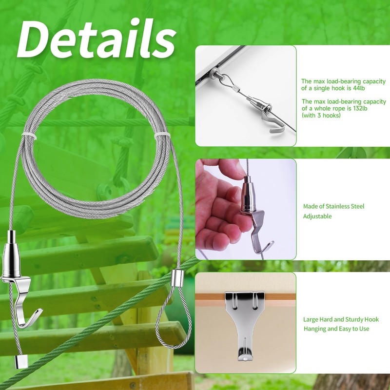 8PCS Adjustable Picture Hanging Wire Kit(6.56FT, 3 Hooks) Picture Rail