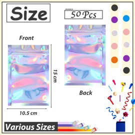 50pcs Mylar Holographic Bags 10.5x15cm,Foil Smell Proof Mylar Bags Resealable Sweet Pouches,Small Plastic Bags Sample Bags for Lipgloss,Jewelry,Eyelash,Food Storage Gift Grip Foil Ziplock Mylar Bags