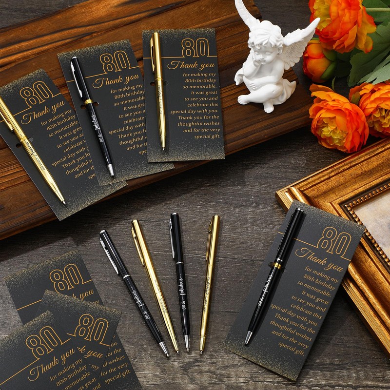 80th Birthday Party Favors with Black Gold Pens Thank You