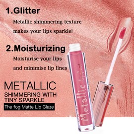 Metallic Shine Glitter Lipstick, Glitter Pink Lip Gloss Matte Lipsticks For Women Long Lasting Lightweight Soft Metallic Lipstick Waterproof Non-Stick Cup Not Fade Pink Lipstick Gift
